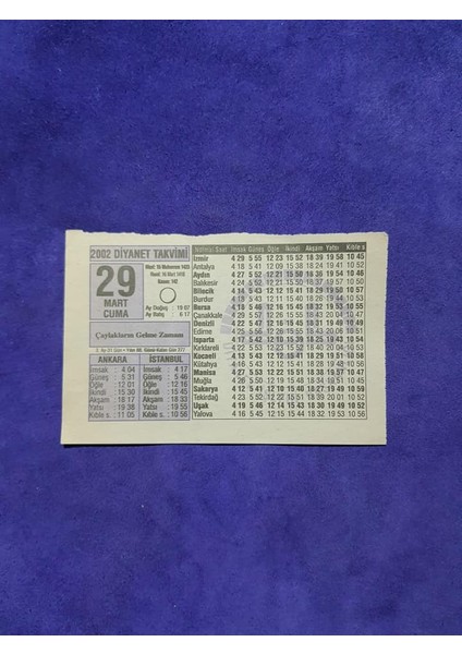 29 Mart 2002 Takvim Yaprağı - Nostalji Koleksiyonluk Takvim Yaprağı