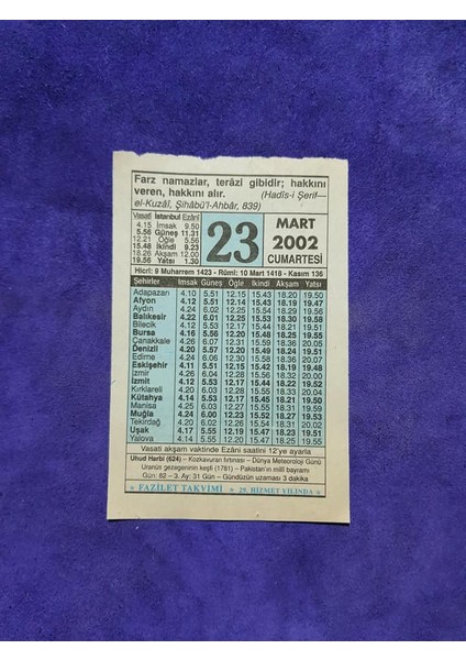 23 Mart 2002 Takvim Yaprağı - Nostalji Koleksiyonluk Takvim Yaprağı A