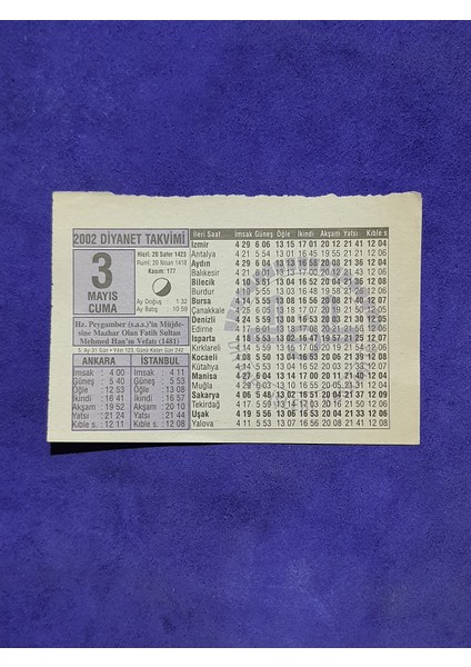 3 Mayıs 2002 Takvim Yaprağı - Nostalji Koleksiyonluk Takvim Yaprağı