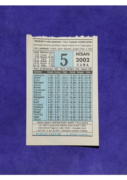 5 Nisan 2002 Takvim Yaprağı - Nostalji Koleksiyonluk Takvim Yaprağı A