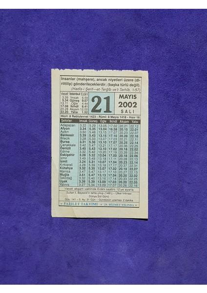 21 Mayıs 2002 Takvim Yaprağı - Nostalji Koleksiyonluk Takvim Yaprağı A