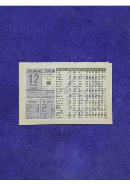 12 Mayıs 2002 Takvim Yaprağı - Nostalji Koleksiyonluk Takvim Yaprağı