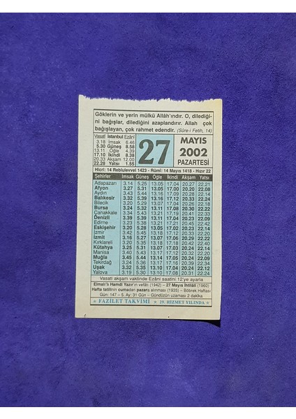 27 Mayıs 2002 Takvim Yaprağı - Nostalji Koleksiyonluk Takvim Yaprağı A