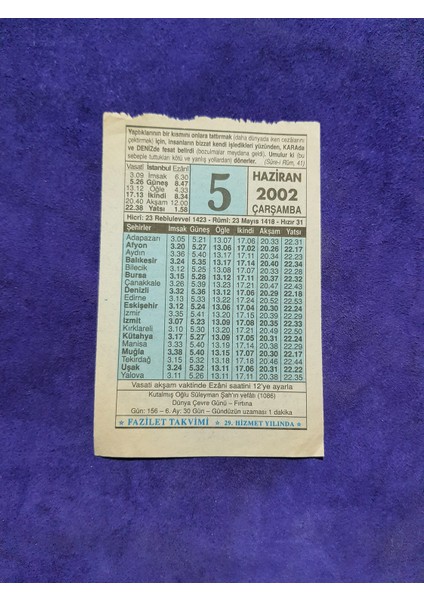 5 Haziran 2002 Takvim Yaprağı - Nostalji Koleksiyonluk Takvim Yaprağı