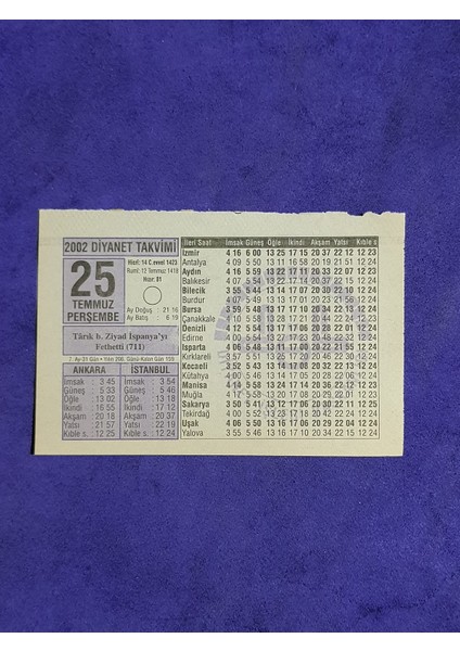 25 Temmuz 2002 Takvim Yaprağı - Nostalji Koleksiyonluk Takvim Yaprağı A