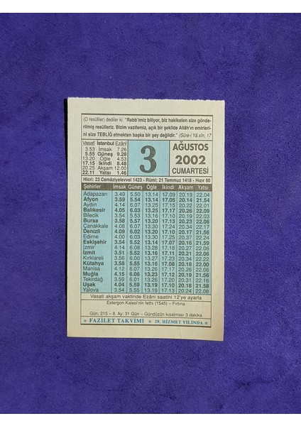 3 Ağustos 2002 Takvim Yaprağı - Nostalji Koleksiyonluk Takvim Yaprağı