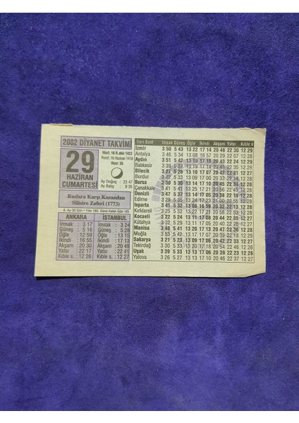 29 Haziran 2002 Takvim Yaprağı - Nostalji Koleksiyonluk Takvim Yaprağı A