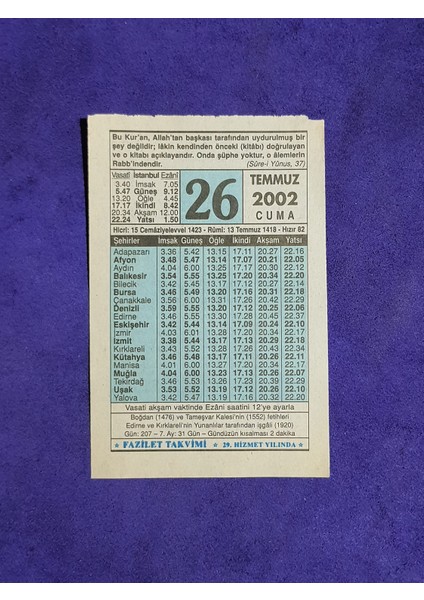 26 Temmuz 2002 Takvim Yaprağı - Nostalji Koleksiyonluk Takvim Yaprağı
