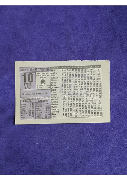 10 Eylül 2002 Takvim Yaprağı - Nostalji Koleksiyonluk Takvim Yaprağı A