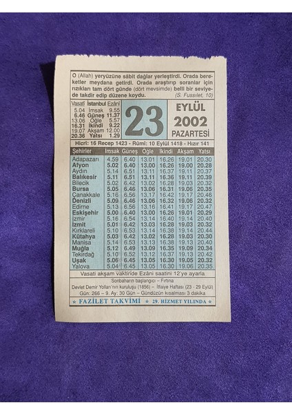 23 Eylül 2002 Takvim Yaprağı - Nostalji Koleksiyonluk Takvim Yaprağı