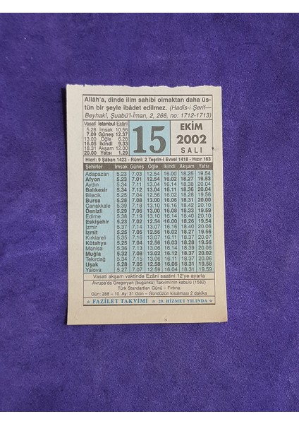 15 Ekim 2002 Takvim Yaprağı - Nostalji Koleksiyonluk Takvim Yaprağı