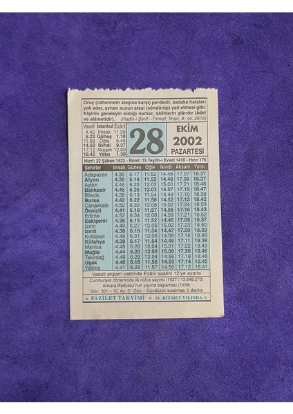 28 Ekim 2002 Takvim Yaprağı - Nostalji Koleksiyonluk Takvim Yaprağı