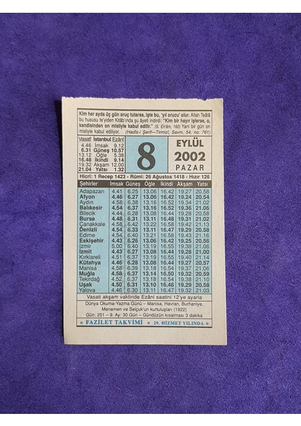 8 Eylül 2002 Takvim Yaprağı - Nostalji Koleksiyonluk Takvim Yaprağı