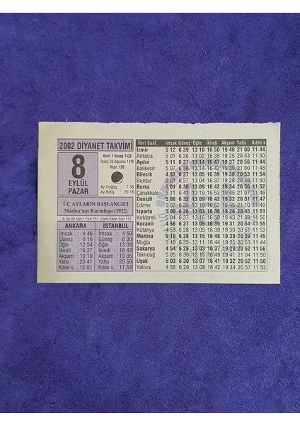 8 Eylül 2002 Takvim Yaprağı - Nostalji Koleksiyonluk Takvim Yaprağı A