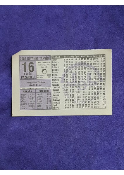 16 Eylül 2002 Takvim Yaprağı - Nostalji Koleksiyonluk Takvim Yaprağı A