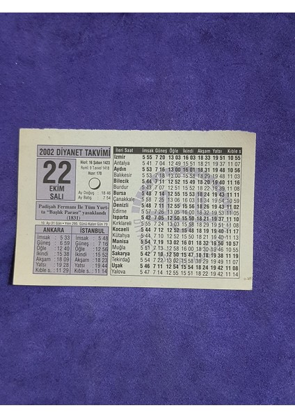 22 Ekim 2002 Takvim Yaprağı - Nostalji Koleksiyonluk Takvim Yaprağı A