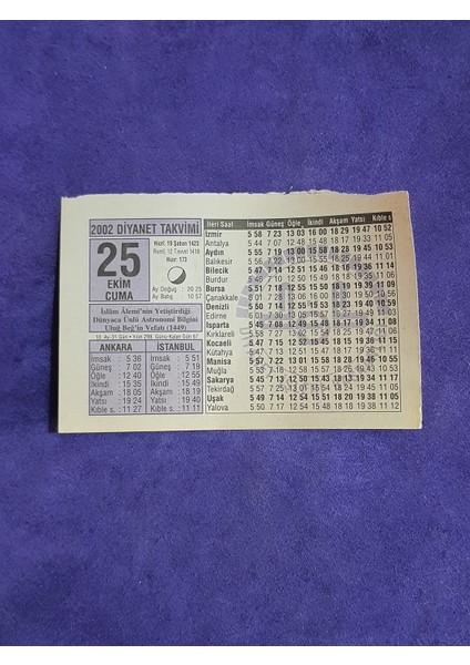 25 Ekim 2002 Takvim Yaprağı - Nostalji Koleksiyonluk Takvim Yaprağı A
