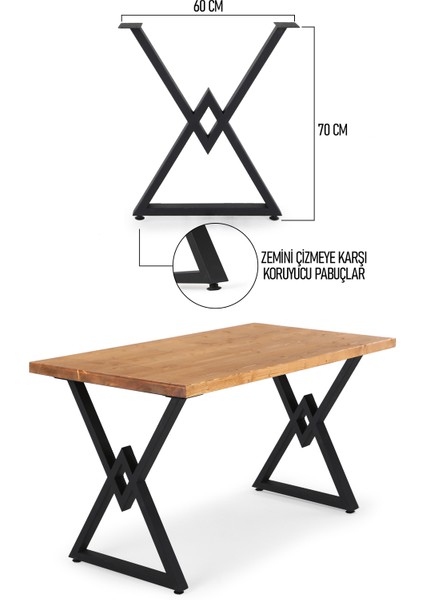 Flora Wood Metal Yemek Çalışma Ofis Ahşap Kütük Masif Masası Ayağı Baklava Detaylı Üçgen Ayak