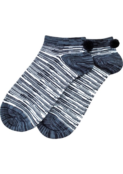 Siyah Ponponlu Geçiş Desenli Patik Kadın Çorabı