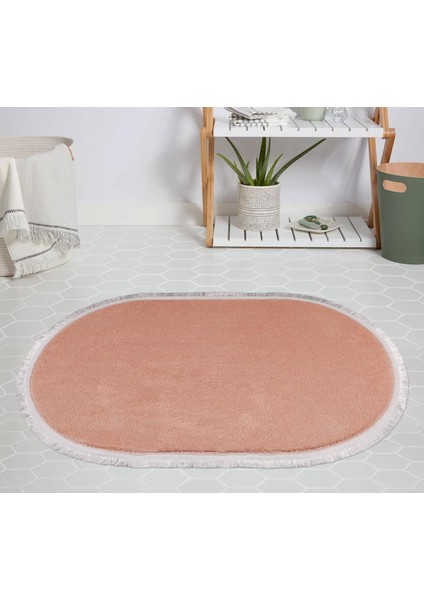 Modern Dekoratif Halı Jel Kaymaz Taban Peluş Pembe Saçaklı Oval Halı