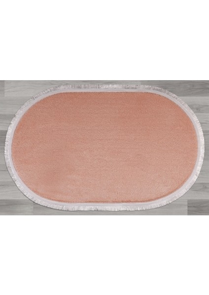 Modern Dekoratif Halı Jel Kaymaz Taban Peluş Pembe Saçaklı Oval Halı