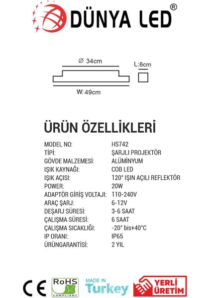 Dünya Led HS.742/1 20W Şarjlı LED Projektör 6500K Beyaz Işık Su Geçirmez Alüminyum Kasa IP66