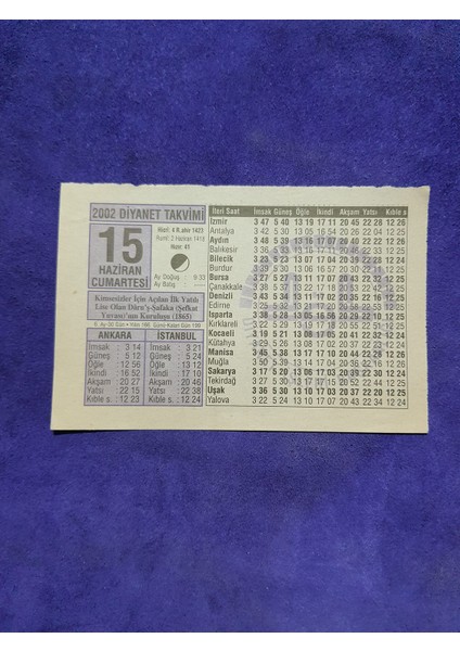 15 Haziran 2002 Takvim Yaprağı - Nostalji Koleksiyonluk Takvim Yaprağı A