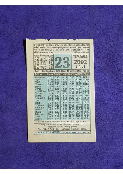 23 Temmuz 2002 Takvim Yaprağı - Nostalji Koleksiyonluk Takvim Yaprağı