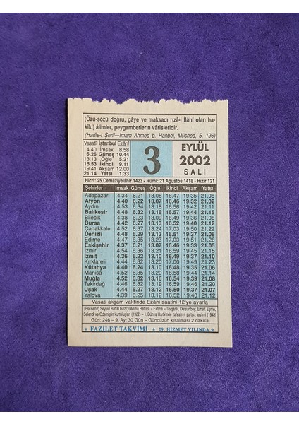 3 Eylül 2002 Takvim Yaprağı - Nostalji Koleksiyonluk Takvim Yaprağı