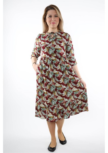 Yeşil Yaprak Desenli Yazlık Elbise