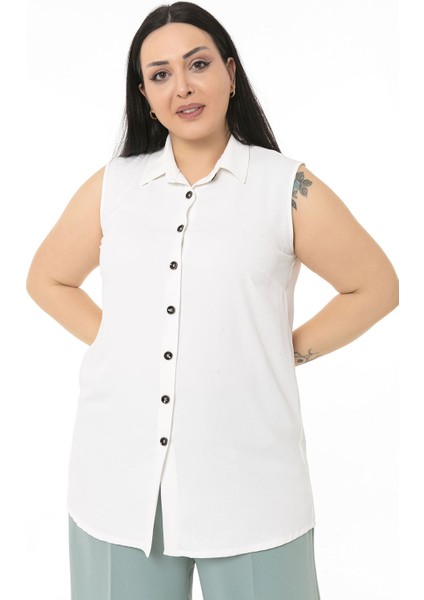 Büyük Beden Gömlek Yaka Düğmeli Kolsuz Beyaz Gömlek