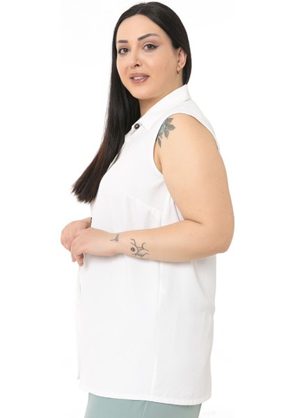 Büyük Beden Gömlek Yaka Düğmeli Kolsuz Beyaz Gömlek fırsatları