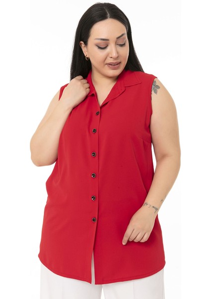 Büyük Beden Gömlek Yaka Düğmeli Kolsuz Kırmızı Gömlek