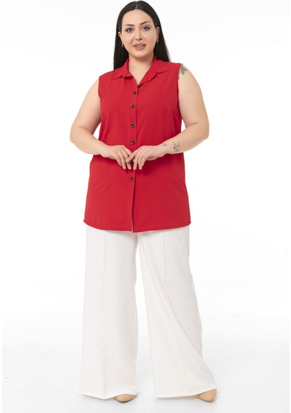 Büyük Beden Gömlek Yaka Düğmeli Kolsuz Kırmızı Gömlek fiyatları