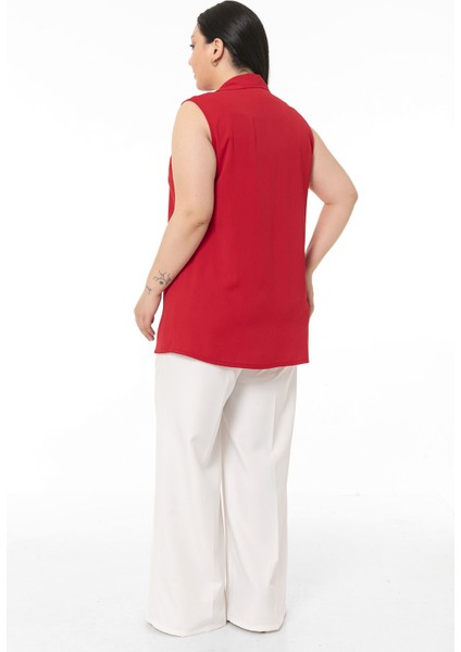 Büyük Beden Gömlek Yaka Düğmeli Kolsuz Kırmızı Gömlek modelleri