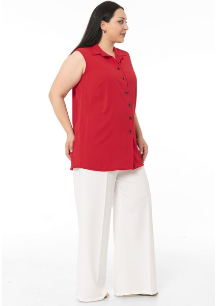 Büyük Beden Gömlek Yaka Düğmeli Kolsuz Kırmızı Gömlek fırsatları