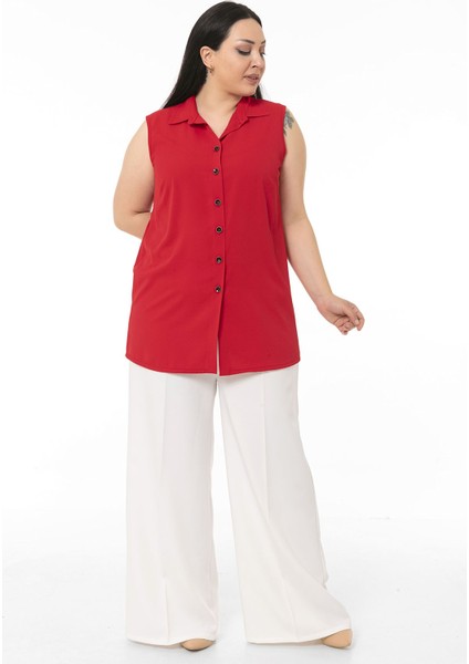 Büyük Beden Gömlek Yaka Düğmeli Kolsuz Kırmızı Gömlek indirimleri