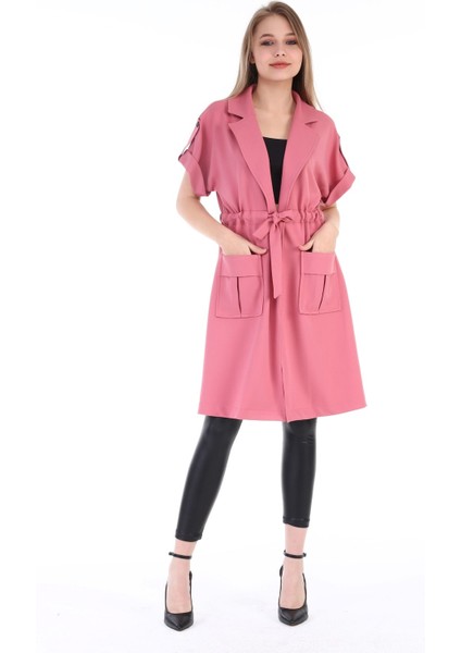 Mono Yaka Beli Tünelli Cepli Apoletli Kısa Kollu Astarsız Pembe Yelek