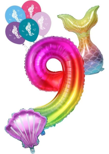 9 Rakam Gökkuşağı Deniz Kızı Folyo Balon Seti