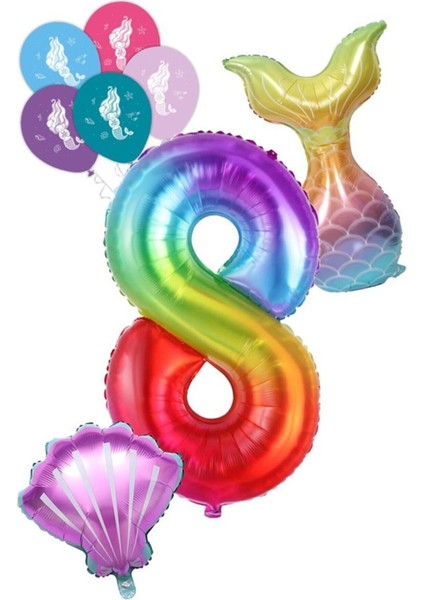 8 Rakam Gökkuşağı Deniz Kızı Folyo Balon Seti