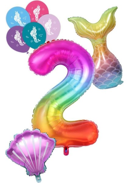2 Rakam Gökkuşağı Deniz Kızı Folyo Balon Seti