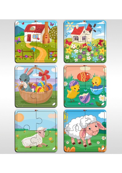 Toys Çocuklar Için Eğitici-Öğretici Ahşap 4 Parça Yapboz Puzzle (6 Adet) - Model 9