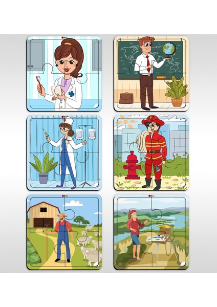 Toys Çocuklar Için Eğitici-Öğretici Ahşap 4 Parça Yapboz Puzzle (6 Adet) - Model 10
