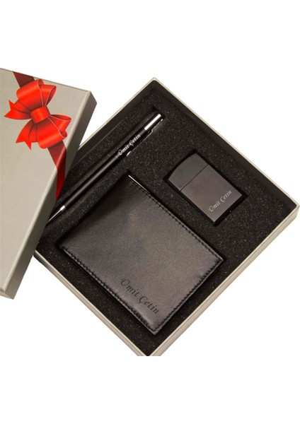 Isme Özel Tasarım Kutulu Deri Cüzdan Çakmak ve Kalem Seti