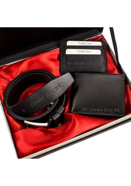 Isme Özel Deri Cüzdan Deri Kartlık ve Kemer Seti Tasarım Kutulu