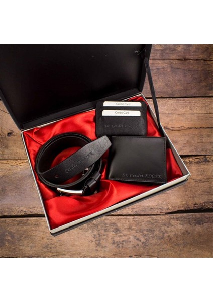 Isme Özel Deri Cüzdan Deri Kartlık ve Kemer Seti Tasarım Kutulu fiyatları