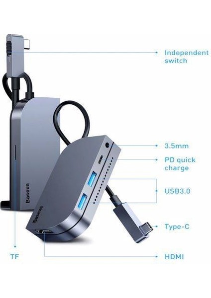 Bending Type C 6in1 Hub Adaptör, 2x Usb, 1x Pd Type C, 1x 3.5mm, 1xhdmi, 1x Tf Çeviric