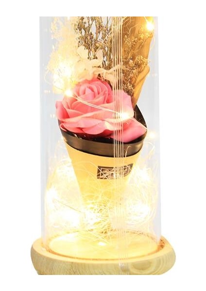 Fanus Gül 28/12CM Cam Fanus LED Işıklı Hediyelik