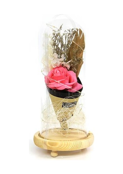 Fanus Gül 28/12CM Cam Fanus LED Işıklı Hediyelik
