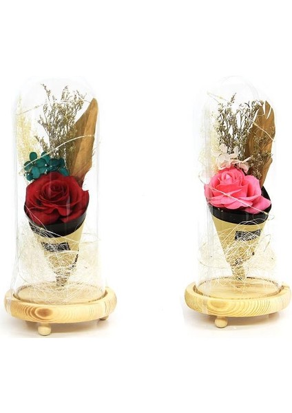 Fanus Gül 28/12CM Cam Fanus LED Işıklı Hediyelik
